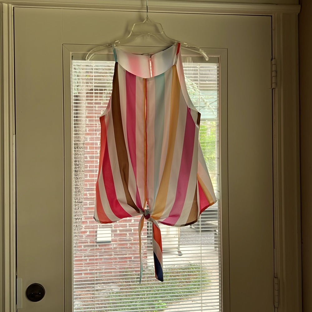 Topstype Bright Colorful Front Tie Knot Keyhole Blouse